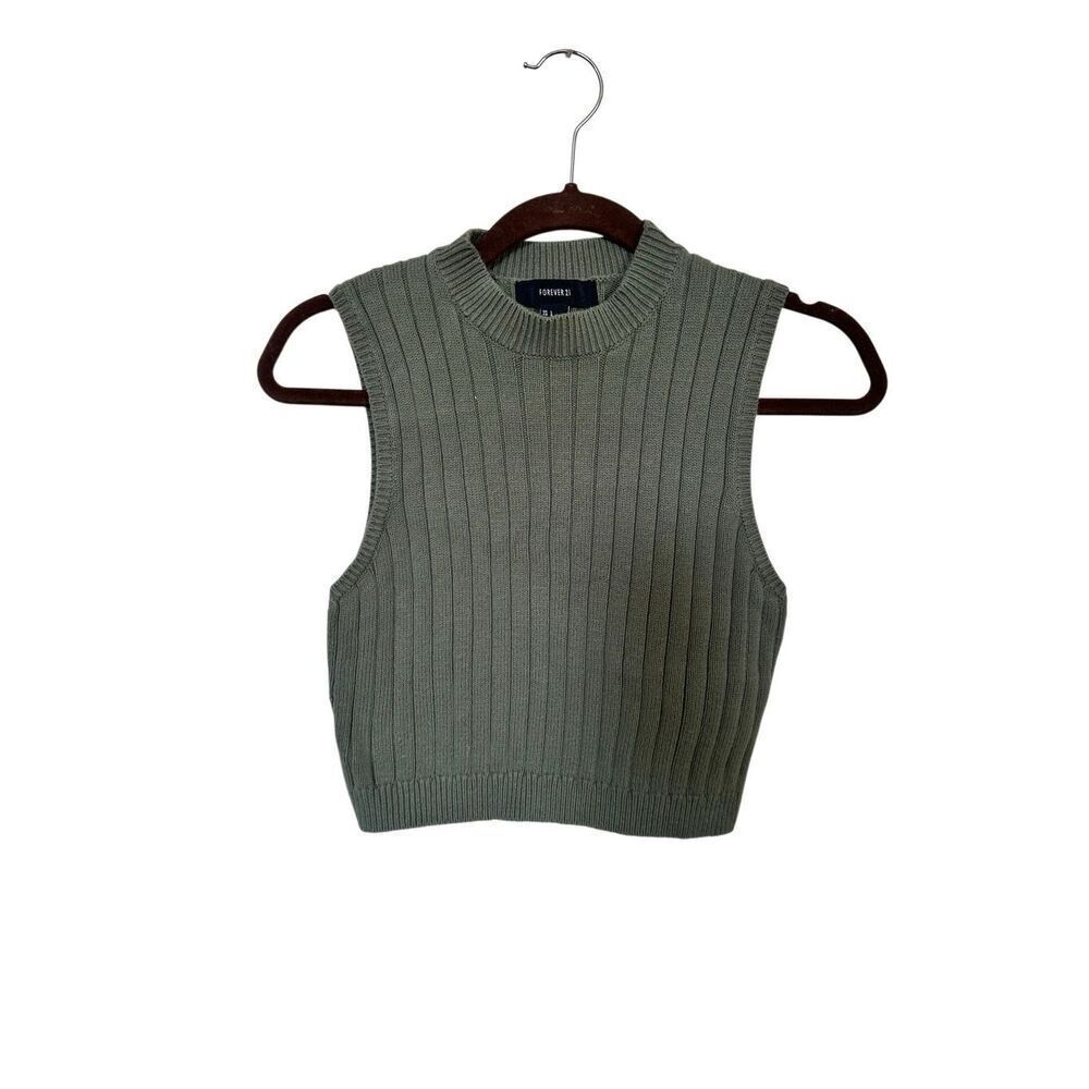 Forever 21 Sage Green Ribbed Knit Sleeveless Crop Sweater Vest - Size Large